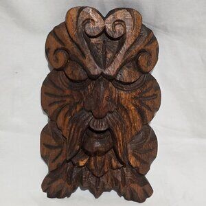 Hand Carved Green Man Wood Face - Man with Mustache